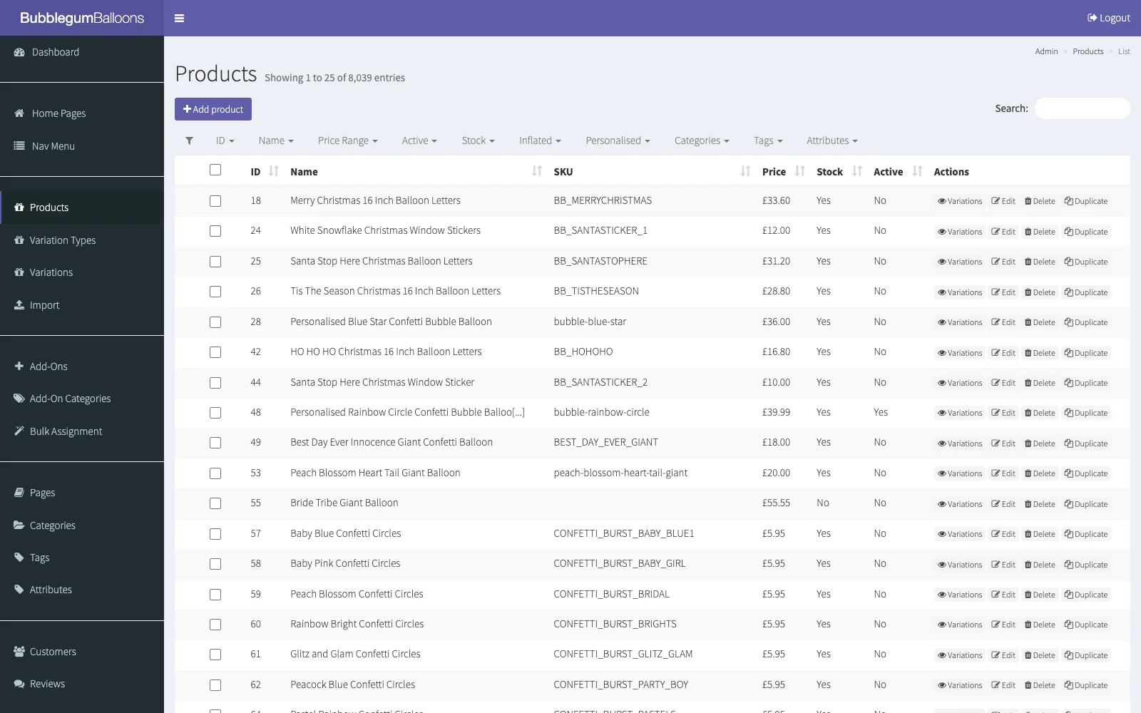Products admin showing over 8,000 SKUs across the catalogue