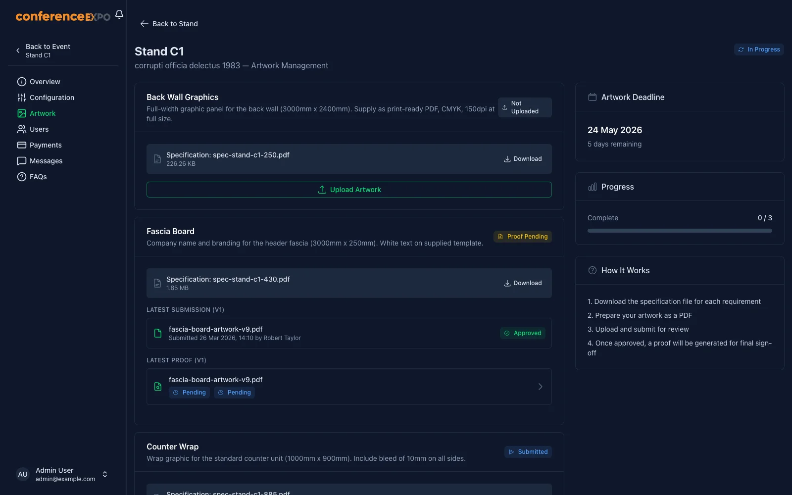 Artwork submission and approval flow with version history