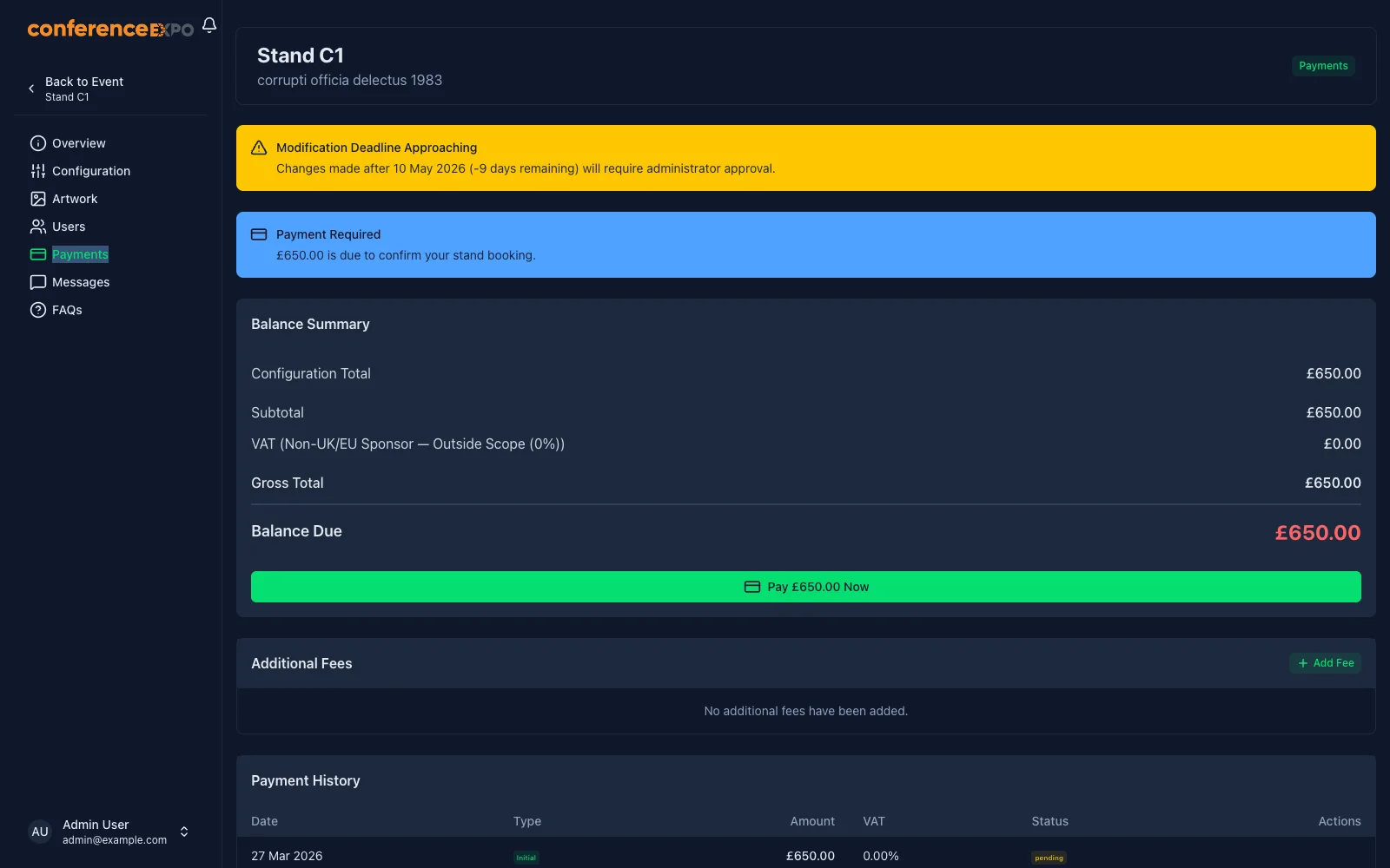 Payments and invoicing tied to each stand