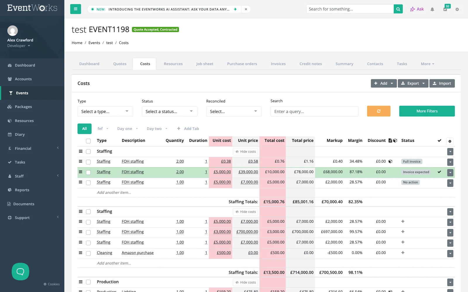 Event cost breakdown, every line item across vendors and departments