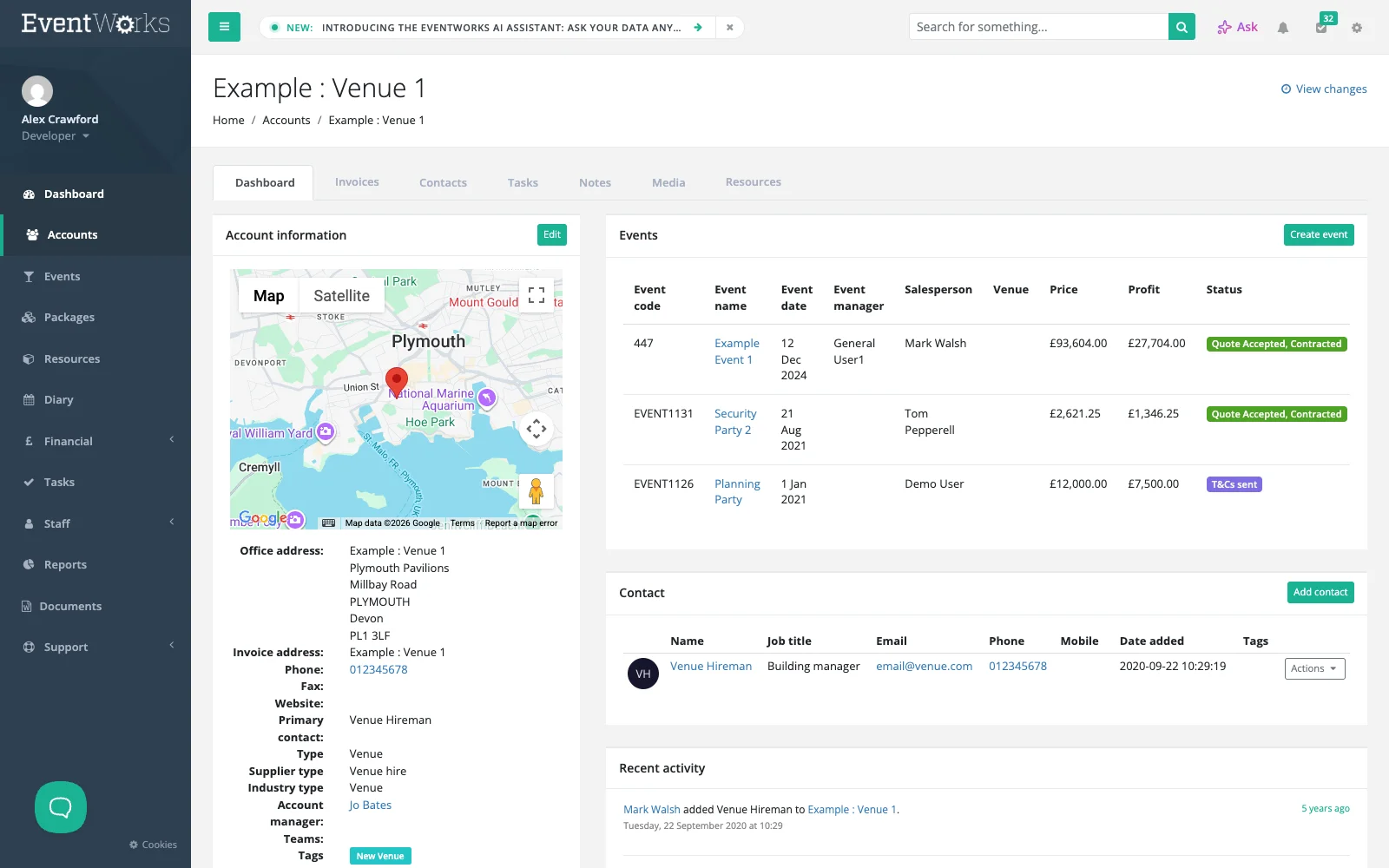 CRM account view with linked events, contacts and history