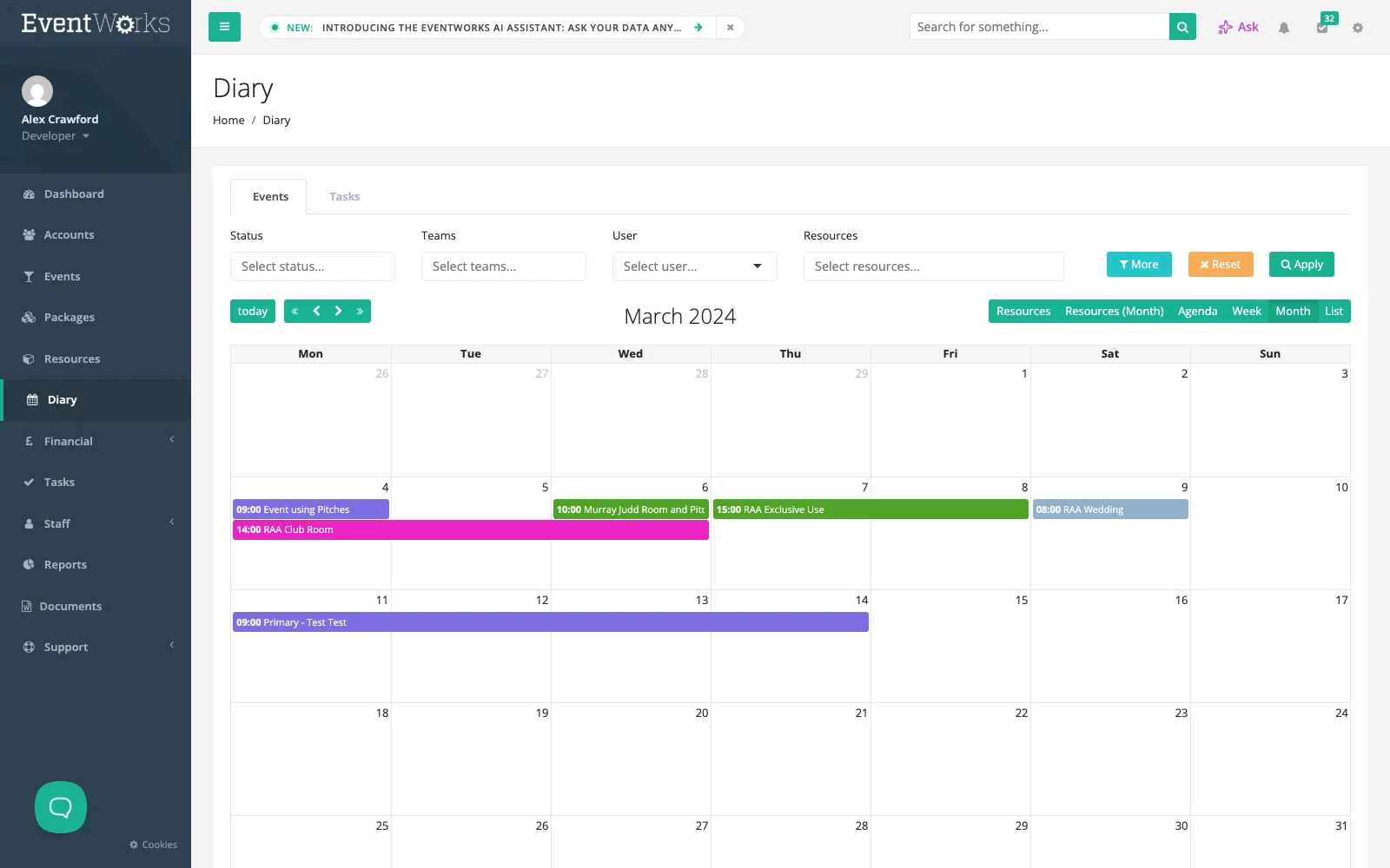 Diary view across every event and resource in the calendar