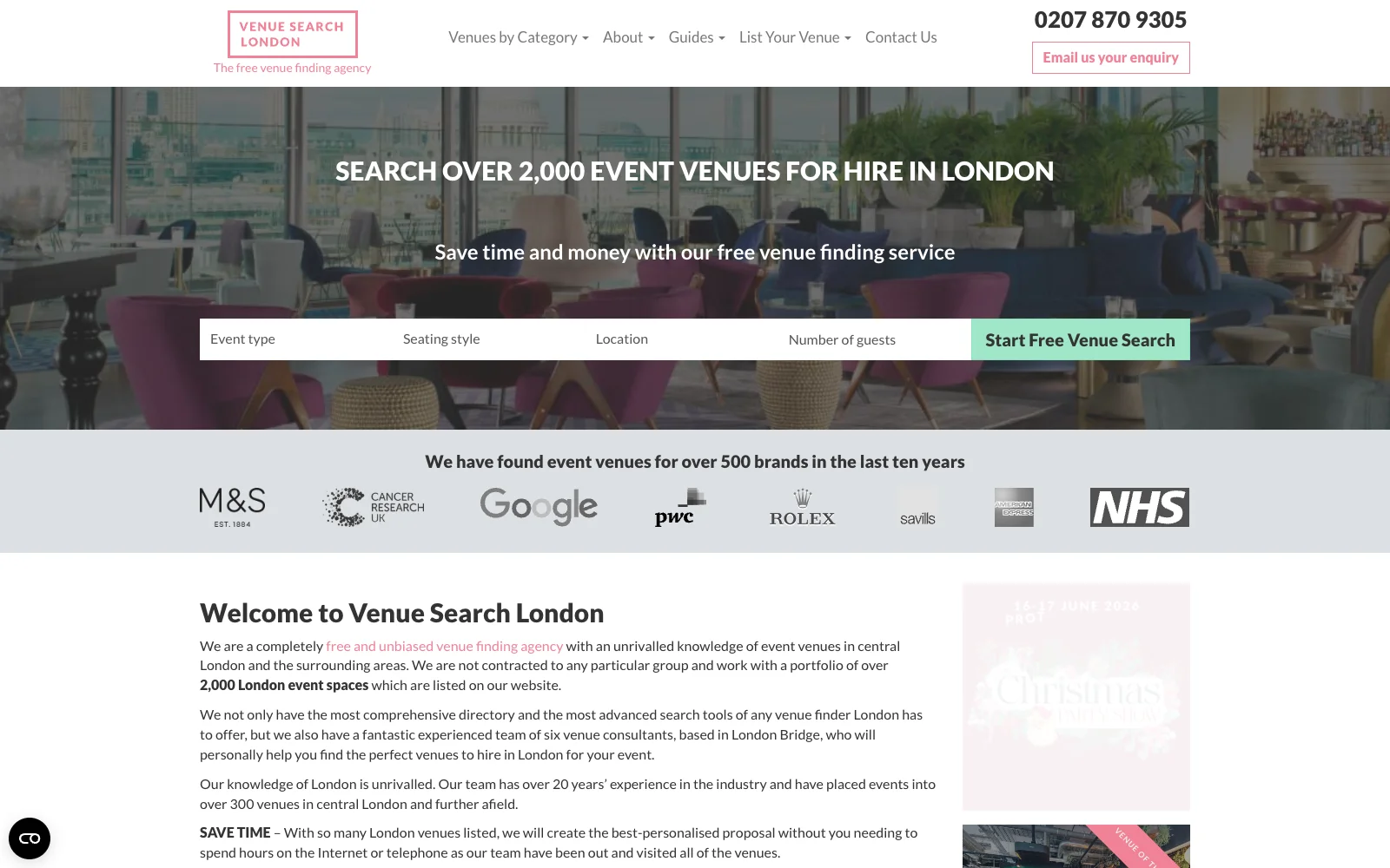 Venue Search London homepage with search and category browsing