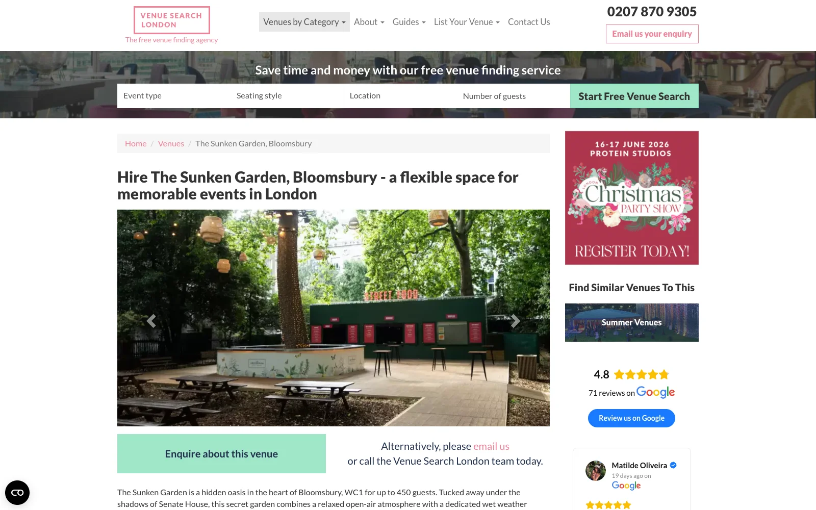 Venue detail page with gallery, capacity and enquiry form
