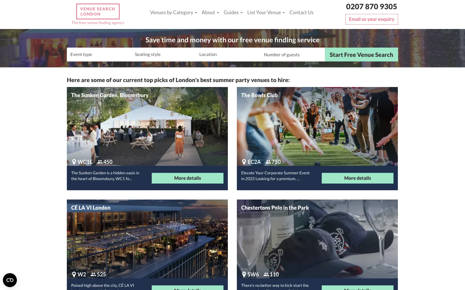 Category browse with filter sidebar and venue grid