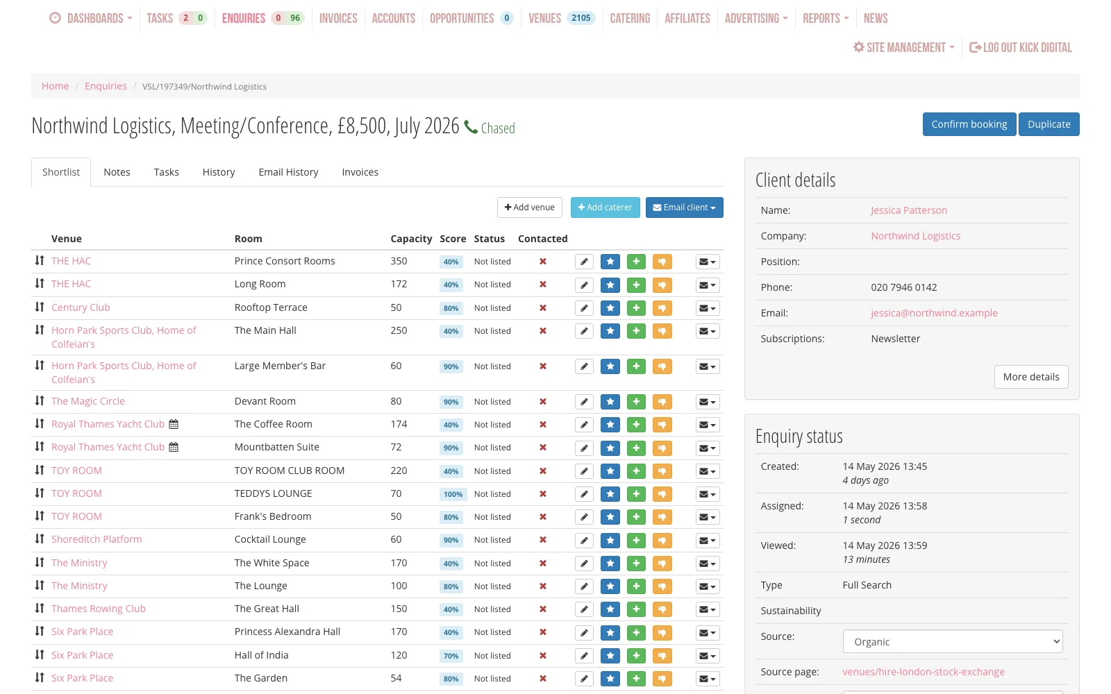 Internal admin enquiry view with shortlist, client details and lead pipeline