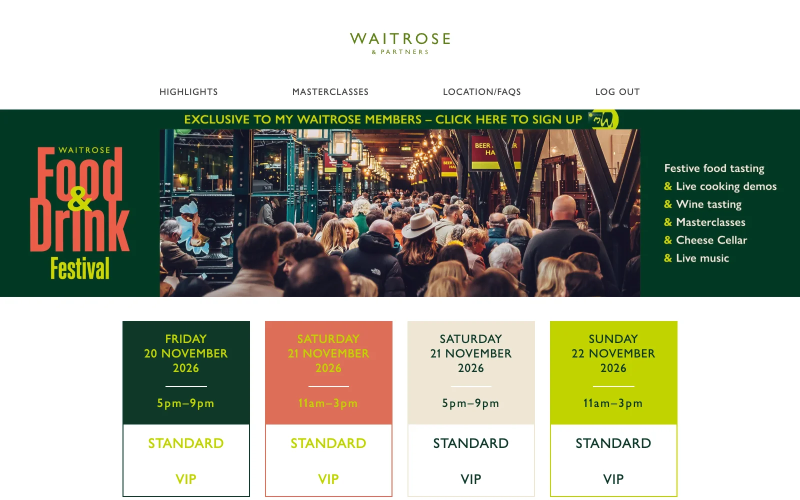 The customer-facing festival site, with featured sessions and ticket call-to-action