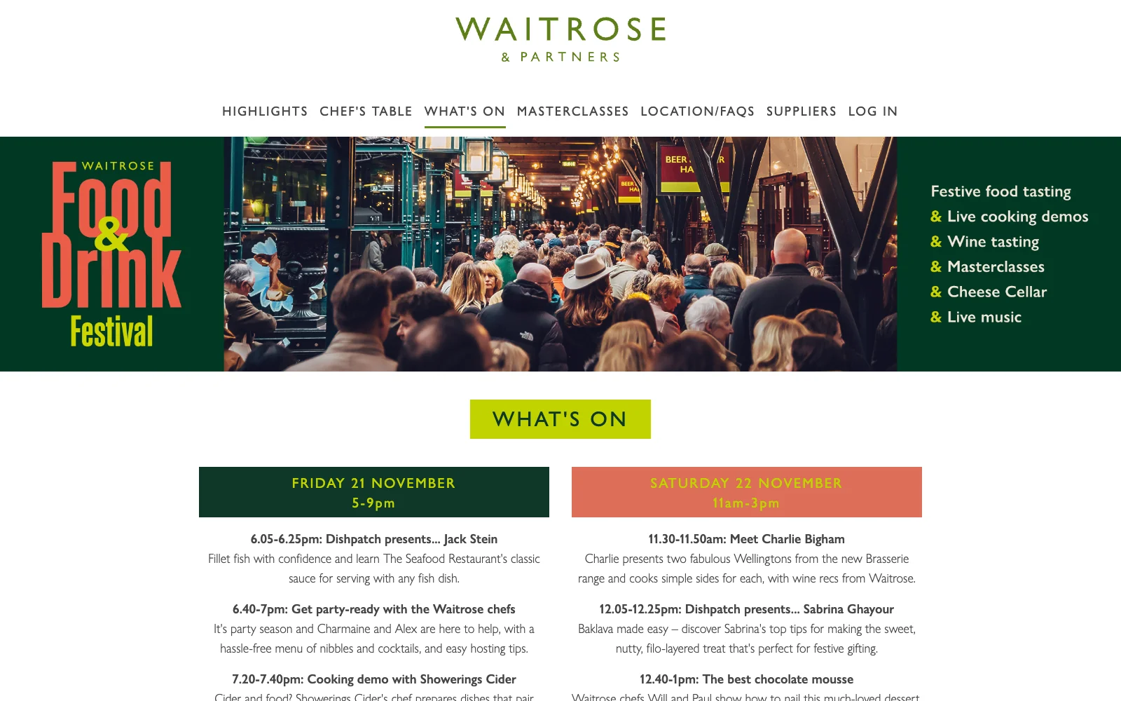 The What's On page where customers browse all available sessions