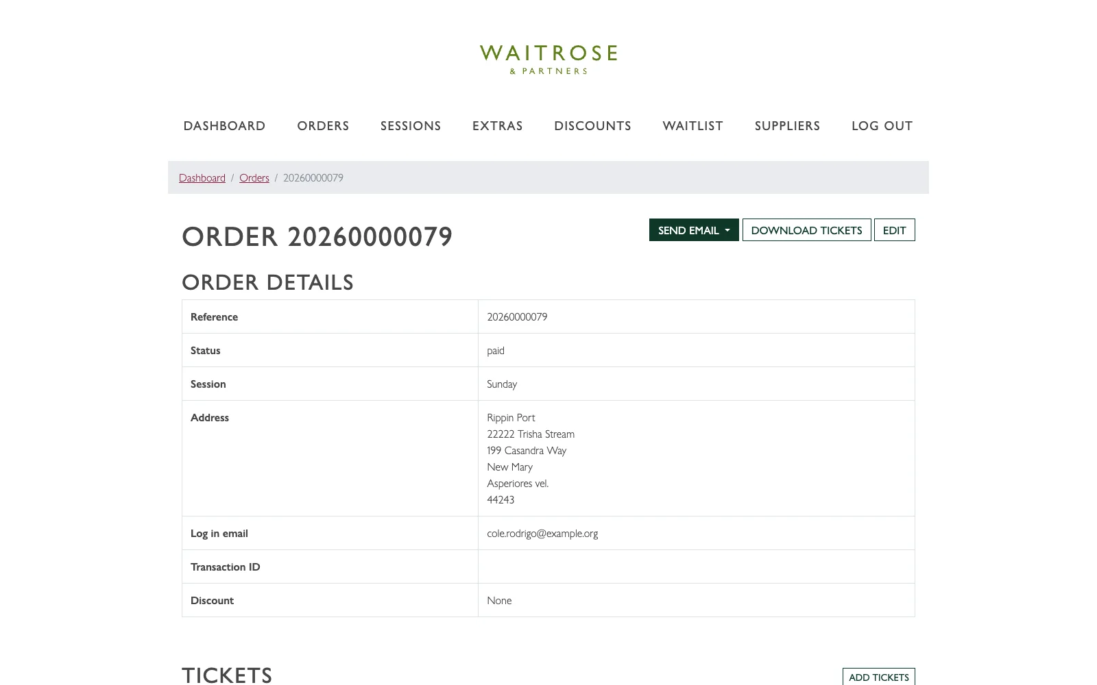Order detail in the admin, with ticket allocation and customer record